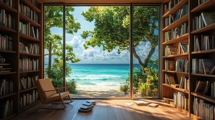 Fototapeta premium Tranquil Ocean View from Cozy Bookshelf-Filled Home Office