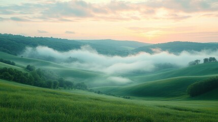Fototapeta premium Tranquil Sunrise Over Misty Hills