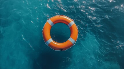 Floating orange lifebuoy in the open ocean, symbolizing safety, rescue, maritime security, emergency response, survival, and coastal preparedness in deep water situations, Generative AI