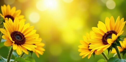 Obraz premium Vibrant yellow sunflowers fill frame, bright summer background, garden, bloom