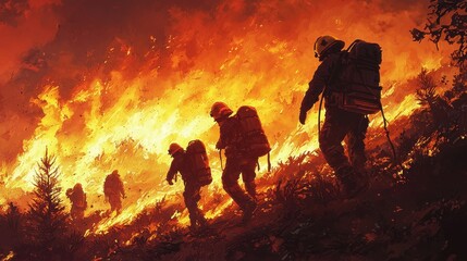 Fototapeta premium Brave Firefighters Battling Intense Wildfire Flames During Challenging Operation in Forested Area