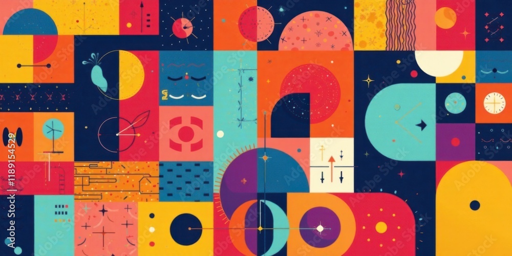 Poster abstract geometric mosaic design featuring vibrant colors and symbolic shapes