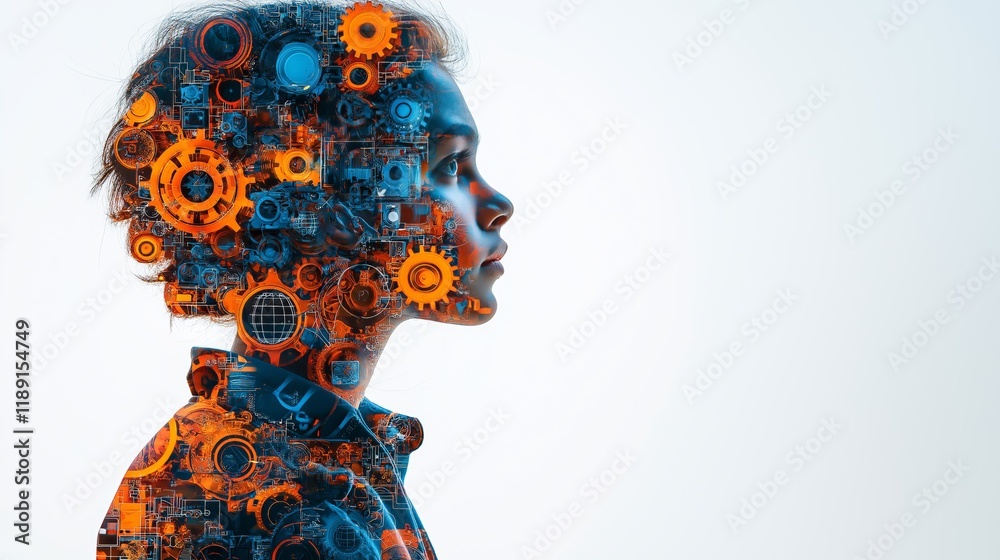 Poster futuristic human head with mechanical gears and digital elements, symbolizing artificial intelligenc