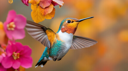 Fototapeta premium Dynamic motion, A high-fidelity image of a hummingbird hovering in mid-air, showcasing vibrant colors and detail.