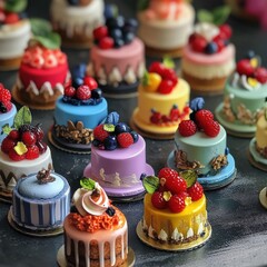 close up of many small cakes with various toppings