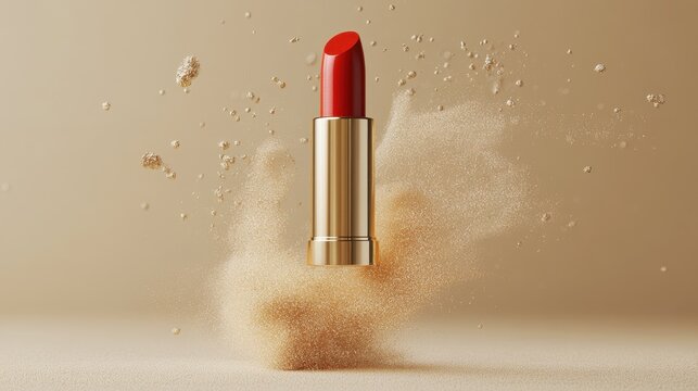 Stunning Red Lipstick Surrounded by Sparkling Gold Dust Against a Soft Background - Perfect for Beauty and Makeup Promotions