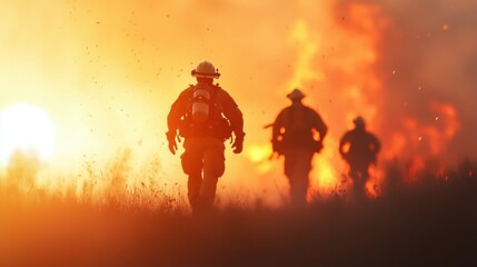 Fototapeta premium Brave firefighters combating fierce wildfire under sunset glow, showcasing courage and teamwork in challenging conditions