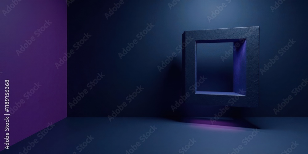 Poster abstract dark room with floating frame and purple accent