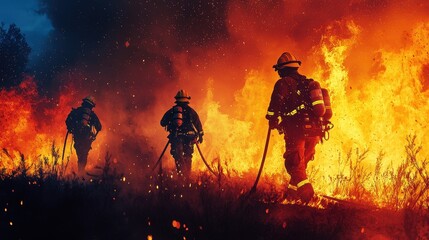 Fototapeta premium Brave firefighters battling a raging wildfire in dramatic night scene surrounded by flames and smoke