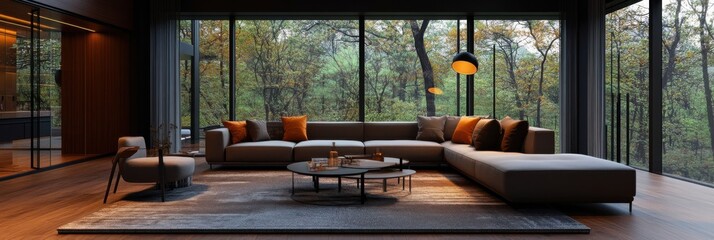 Fototapeta premium A modern living room with a sleek sectional, large windows, and bold accent pillows.