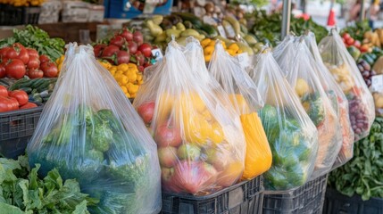 Shoppers utilize reusable bags while supporting local farmers at a market focusing on sustainability and fresh produce
