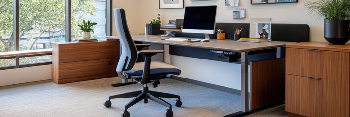 A modern office space with an ergonomic desk chair, clean desk setup, and motivational artwork.