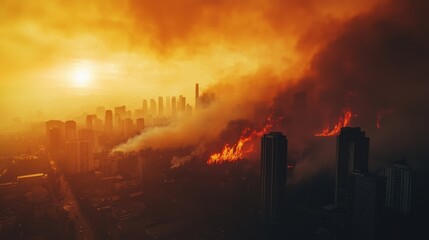 Obraz premium Aerial View of a City Under Smoke and Flames During Wildfire with Dramatic Sunset Lighting