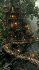 Fototapeta premium Enchanted Treehouse in Fantasy Forest with Magical Lights and Whimsical Architecture