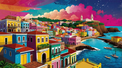 A vibrant digital illustration of Salvador, Bahia, featuring colorful colonial architecture, Afro-Brazilian heritage, and scenic beauty. Generative AI.