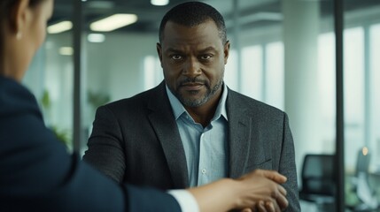 A man in a suit shakes hands with a woman in a suit. The man has a serious expression on his face