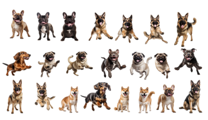 Playful Paws: A delightful collection of various dog breeds in dynamic poses, showcasing their unique personalities and playful spirits.  Each canine captures a different mood.