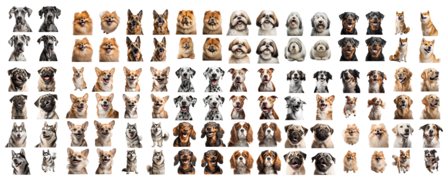 Dog Breed Collage: A delightful collection of diverse dog breeds, each with their unique expressions and features, showcased in a vibrant and playful collage. This image is perfect for pet lovers.