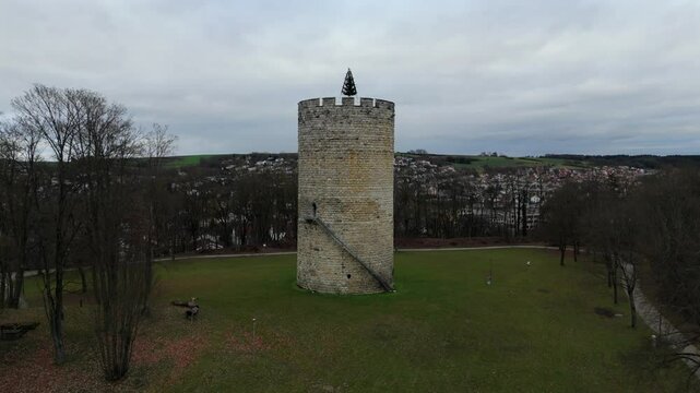 Aerial view of Heinrichsturm in Bad Abbach, Bavaria, Germany. This medieval tower surrounded by scenic Bavarian hills, Danube River and countryside, offers breathtaking views and historical heritage. 