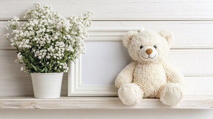 Cute teddy bear and a potted plant on a wooden shelf in a bright room