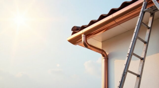 Copper gutters and downspout installation on a residential roof with a ladder