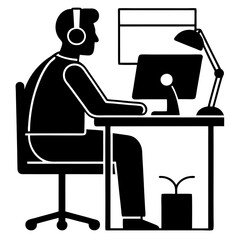 Silhouette of Individual with Headphones Working in Shared Workspace  