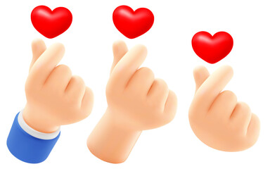 Hand gesture love with red heart. Korean finger heart sign, for web, banner, poster, print, Valentine's day, wedding, other life event. 3D realistic, Isolated on white background. Vector illustration