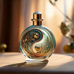 Round perfume bottle with yin-yang, plant motifs and golden elements, symbolizes balance, harmony and luxury, background is blurred