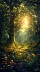 Obraz premium Serene Pathway Through a Lush Forest with Sunlight Filtering Through Trees and Vibrant Wildflowers