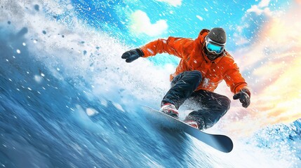 Dynamic snowboarder carving through fresh powder on a snowy mountain, capturing high-speed action, winter adventure, extreme sports, and adrenaline-filled outdoor excitement, Generative AI