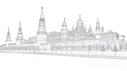 Fototapeta premium Wireframe-style vector illustration of Moscow city featuring Kremlin Palace and Red Square. 3D futuristic concept of iconic historical landmarks,architectural grandeur, urban planning, cultural preser