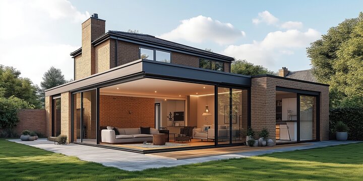 Modern UK home extension annexe design. Exterior view of house extension with large glass sliding doors opening to inviting living space. Brick exterior. Contemporary style. Peaceful garden setting.