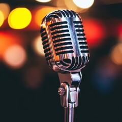 Vintage microphone standing prominently on stage, ready for a live performance in a vibrant venue...