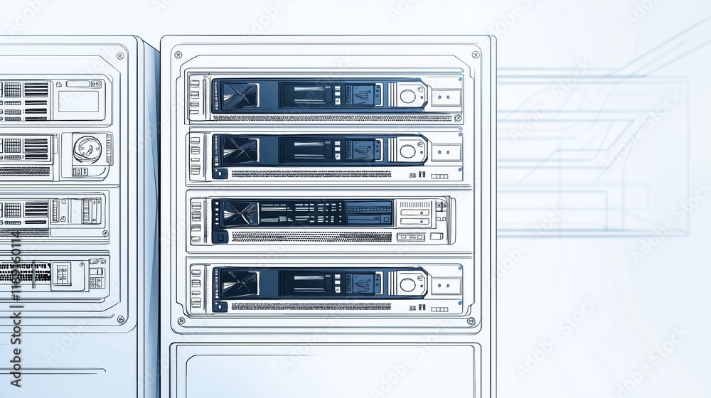 Poster Illustrated Stackable Server Modules Representing Scalable IT Infrastructure, Cloud Computing, and Futuristic Data Center Solutions, Generative AI