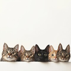 five cats peeking over a white ledge