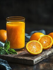 Photo of a Glass of Fresh Orange Juice with Sliced Oranges
