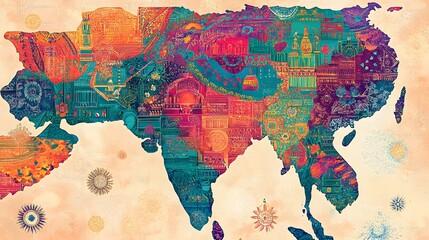 Colorful Central Asia map collage, cultural icons, global background, travel poster