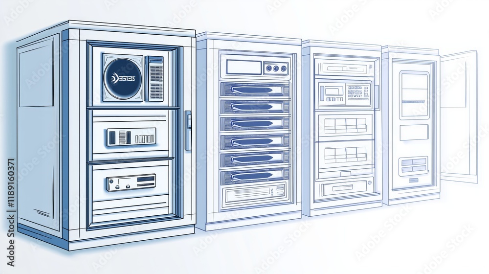 Poster Illustrated Stackable Server Modules Representing Scalable IT Infrastructure, Cloud Computing, and Futuristic Data Center Solutions, Generative AI