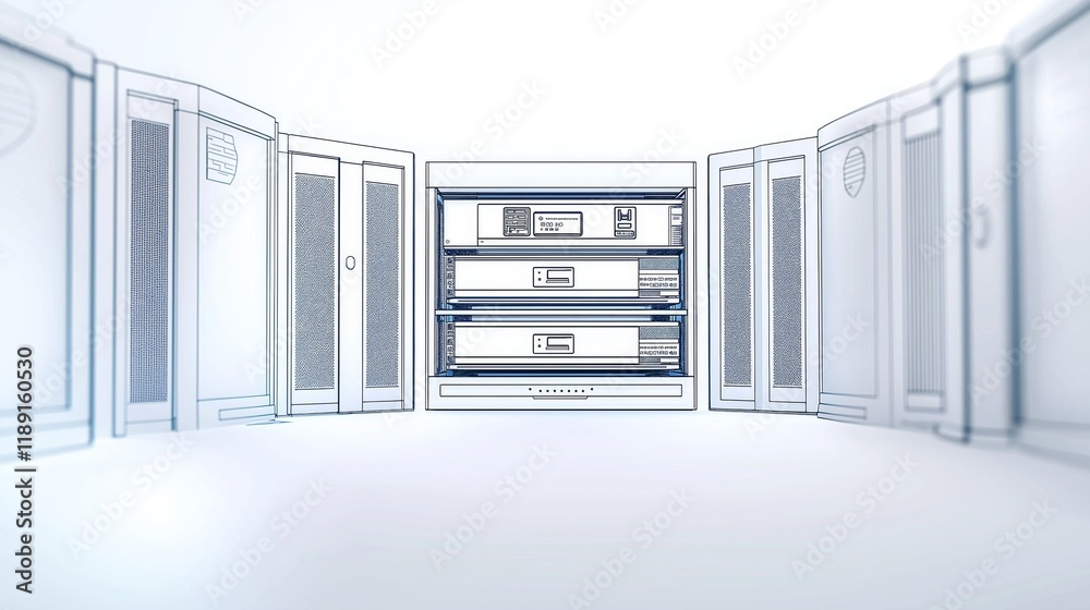 Poster Illustrated Stackable Server Modules Representing Scalable IT Infrastructure, Cloud Computing, and Futuristic Data Center Solutions, Generative AI