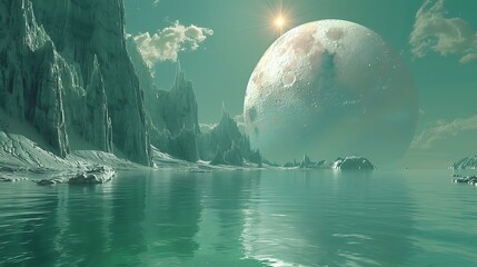 A radiant alien moon reflected in the glassy surface of a high-tech lake.