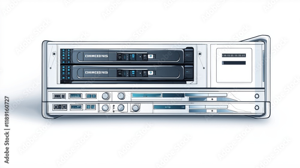 Poster Illustrated Stackable Server Modules Representing Scalable IT Infrastructure, Cloud Computing, and Futuristic Data Center Solutions, Generative AI