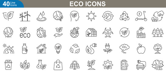 Eco Icons set vector illustration. Related green energy, renewable resources and more. A comprehensive collection of environmentally friendly symbols for sustainable design. 