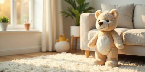 Sunlight Illuminates a Plush Teddy Bear on a Fluffy Rug in a Living Room