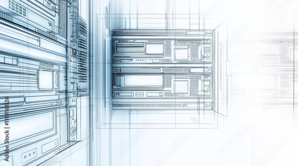Poster modern blue-white server infrastructure in a futuristic data center, highlighting technology, connec