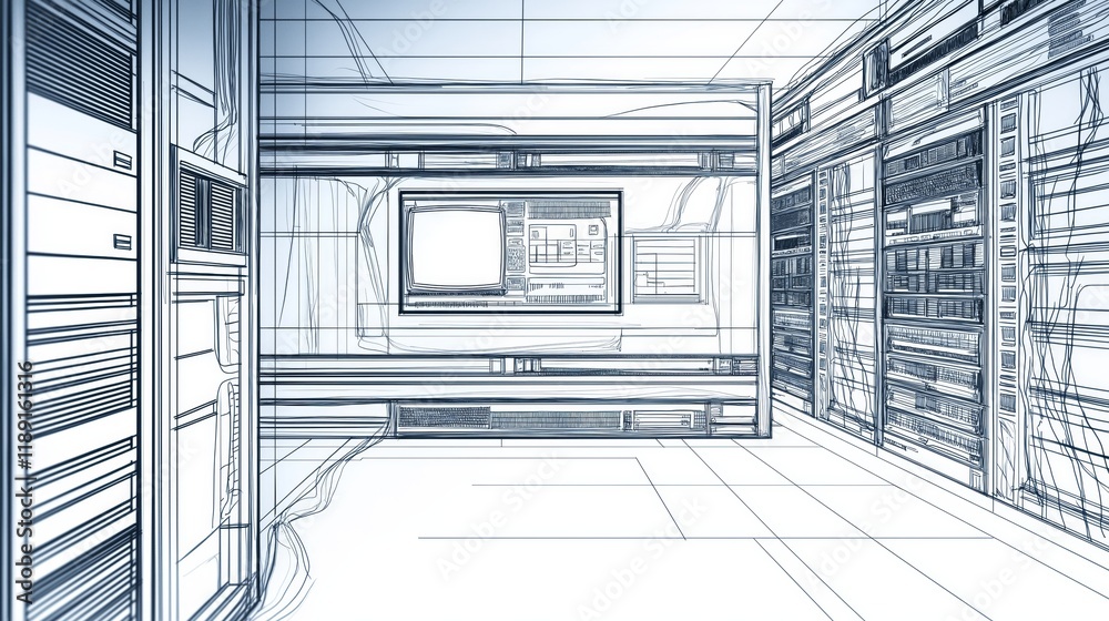 Poster modern blue-white server infrastructure in a futuristic data center, highlighting technology, connec
