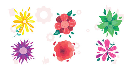 Collection of spring colorful flower elements vector. Set floral of wildflower, leaf branch, foliage on white background. Hand drawn blossom illustration for decor, easter, thanksgiving, clipart.