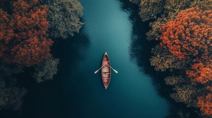 Aerial view of an elegant canoe on the river between two forests, with dark blue water and vibrant red trees, creating a beautiful scene