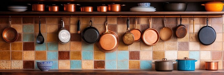 A vintage-style kitchen with colorful tiles, open shelving, and hanging copper pans.