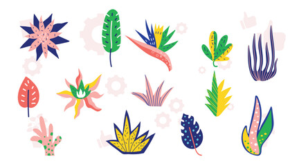 Collection of spring colorful flower elements vector. Set floral of wildflower, leaf branch, foliage on white background. Hand drawn blossom illustration for decor, easter, thanksgiving, clipart.