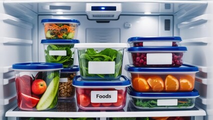A well-organized refrigerator filled with labeled containers of fresh produce, fruits, and salads, promoting healthy eating and efficient storage.